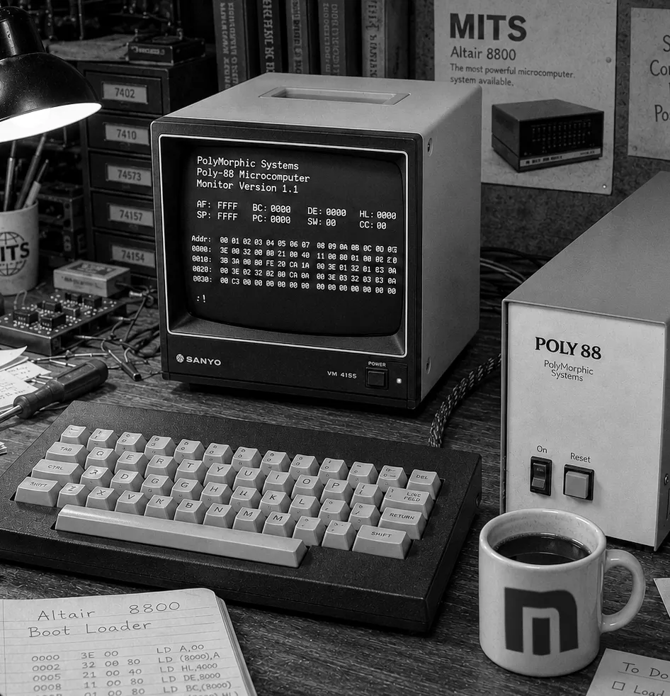 A Poly-88 microcomputer and terminal on a workbench, beside an mm mug and a handwritten Altair 8800 boot loader listing.