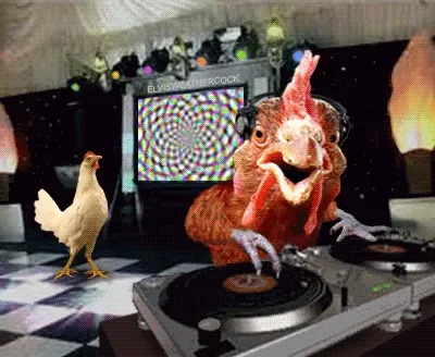 An animated GIF of a chicken in headphones hunched over a pair of turntables in a dark club, a spiral pattern spinning on the TV behind it while a second chicken struts across the checkered floor