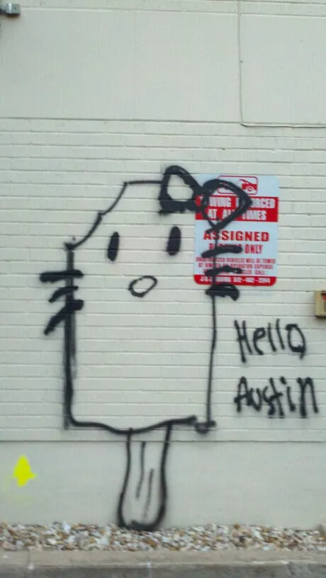 Hello Kitty spray-painted on a cream brick wall beside a parking sign, with “Hello Austin” written next to it in the same hand