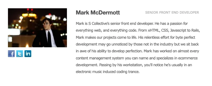 My bio on the S Collective team page: a photo of me in a suit at night with city lights behind me, headed “Mark McDermott, senior front end developer”