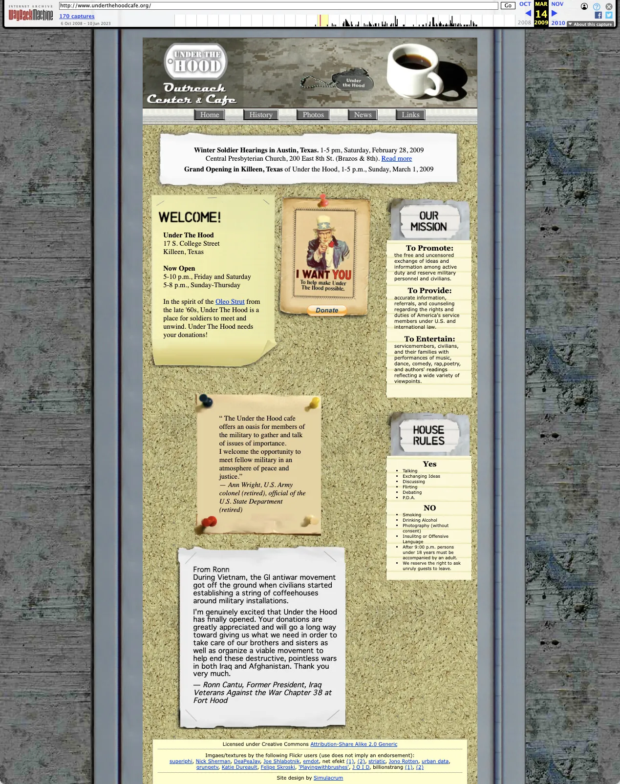 The Under The Hood Outreach Center and Cafe homepage on the Wayback Machine — a camouflage banner with dog tags and a cup of coffee, over notices pinned to a corkboard: the Killeen address and opening hours, an “I want you” donation poster, and panels headed “Our Mission” and “House Rules”